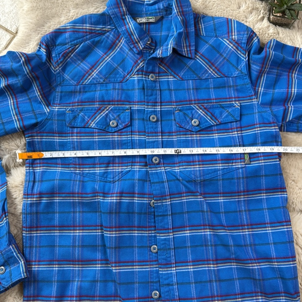 Stio Junction Midweight Flannel Shirt Plaid Small Organic Cotton Blue - Picture 11 of 12
